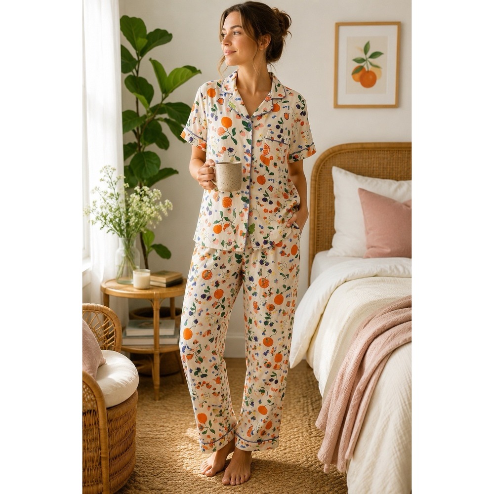 In My Sundays Pajama Set S Fruit Button Front Satin Piping Lounge Sleepwear